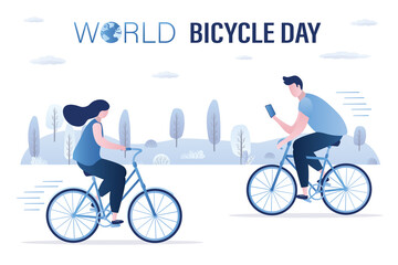 World Bicycle Day, concept banner. Healthy lifestyle. Young adults rides bicycles. Outdoor activity, park on background. Female and male characters drives bikes.