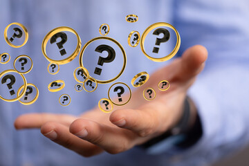 Businessman solving problem with digital question marks 3D rendering