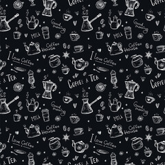 Coffee and tea, doodle seamless pattern. Hand drawing sketch, monochrome texture. Different cups, mugs and coffee pots on black background. Traditional morning drinks and eat.