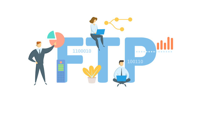 FTP, File Transfer Protocol. Concept with keyword, people and icons. Flat vector illustration. Isolated on white.