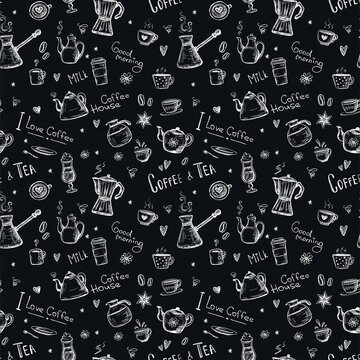 Coffee and tea, doodle seamless pattern. Hand drawing sketch, monochrome texture. Different cups, mugs and coffee pots on black background. Traditional morning drinks and eat.