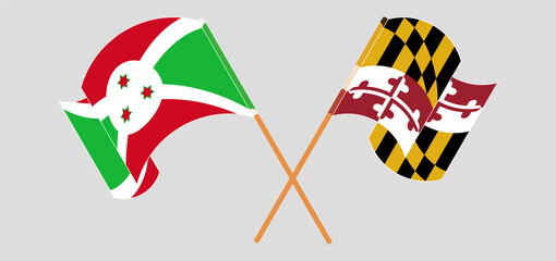 Crossed and waving flags of Burundi and the State of Maryland