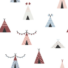 Seamless pattern with doodle children wigwam illustrations. Pastel colors on white background. For prints, backgrounds, wrapping paper, textile, linen, wallpaper, etc. 