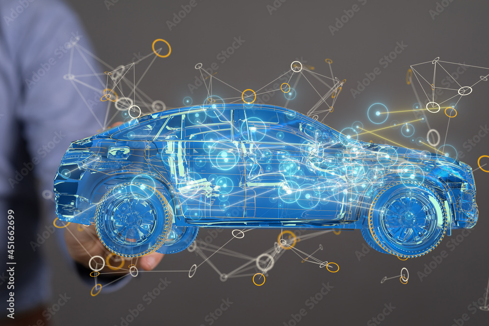 Poster autonomous car with hud graphic of navigation system driving