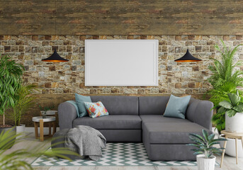 3D Mockup photo frame in Modern interior of living room