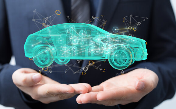 Autonomous car with HUD graphic of Navigation system driving