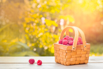 a basket of raspberries stands on the table outdoors in the sunlight
