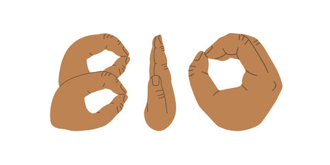 Lettering with the inscription bio, where the letters are shown by hands. Floral decorations. Vector fully editable isolated illustration on white background.