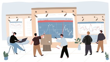 Vector cartoon flat trading businessman characters at work.Financial analysts traders looking at billboard screens,examining,analyzing,discussing charts,market quotes,stock prices,indexes