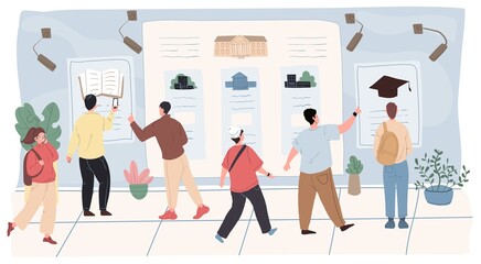 Vector cartoon flat student characters boys girls at institute,college bulletin board.Young people teenager students examine information about educational institutions on announcements billboard