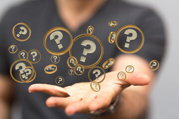 Businessman solving problem with digital question marks 3D rendering