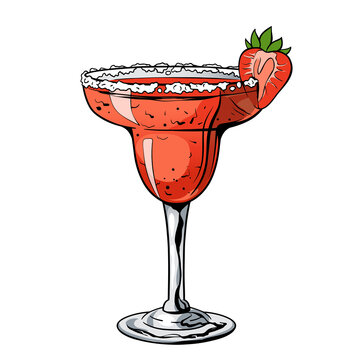 Strawberry Margarita cocktail, hand drawn alcohol drink with berry and salt. Vector illustration