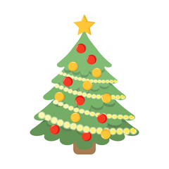 Christmas tree with red and yellow balls vector illustration. Flat style.