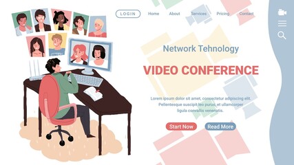 Vector flat cartoon characters using online video messenger conference communication.Happy man talk with friends and relatives,work or study using web.Landing page design,online conversation concept