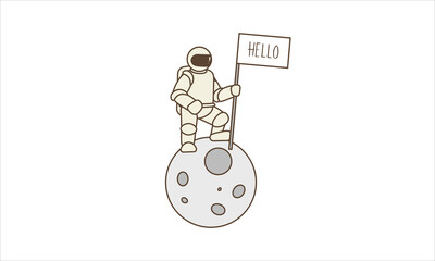 Astronaut Stays on the Moon and welcoming guests. Space. Science Fiction Icon Concept Isolated. Pin.