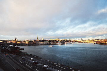 STOCKHOLM, SWEDEN: Scenic cityscape view of old city center Gamla Stan with colorful buildings near the water