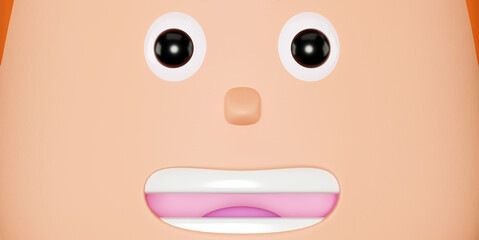 Cartoon character's face, close-up, 3d rendering. The mouth and eyes of a cartoon character. Funny abstract emotional face icon, 3d illustration. Character with white teeth