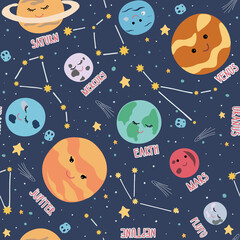 Childish seamless pattern with hand drawn space elements space, planets, stars, planet, constellations, asteroid. Trendy kids vector in dark background