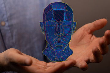 Abstract polygonal human face, 3d illustration of a cyborg head construction