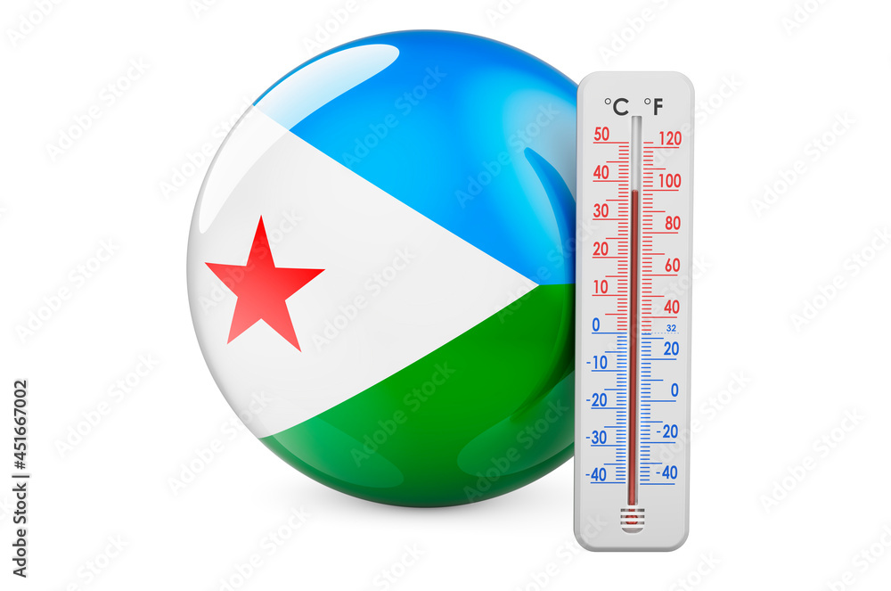 Poster djiboutian flag with thermometer. 3d rendering