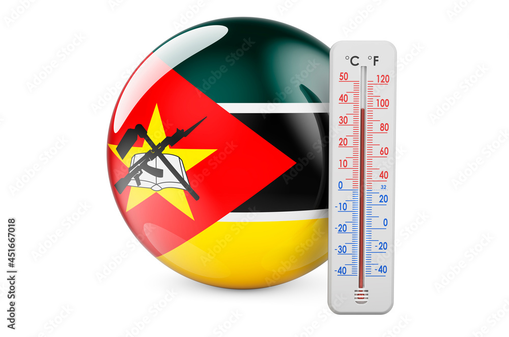 Poster mozambican flag with thermometer. 3d rendering