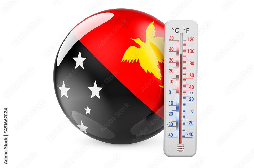Poster papuan new guinean flag with thermometer. 3d rendering