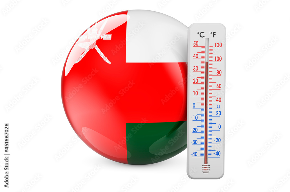 Poster omani flag with thermometer. 3d rendering