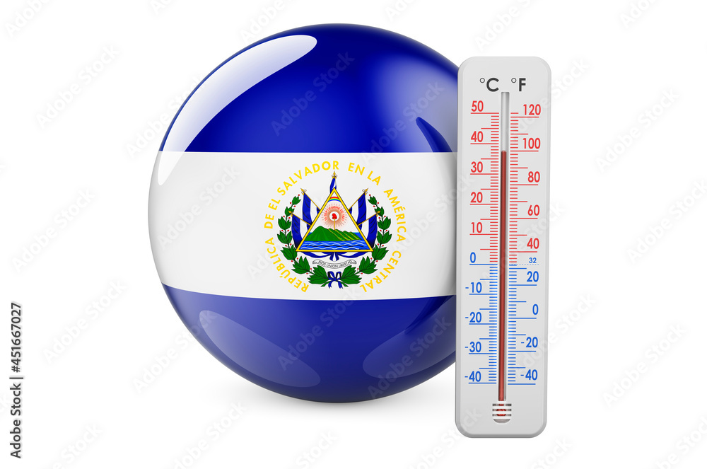 Poster salvadoran flag with thermometer. 3d rendering