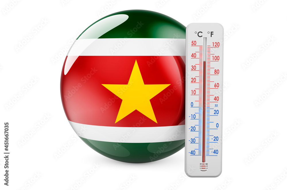 Poster surinamese flag with thermometer. 3d rendering