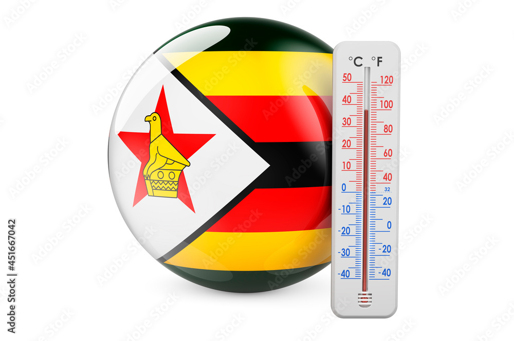 Poster zimbabwean flag with thermometer. 3d rendering