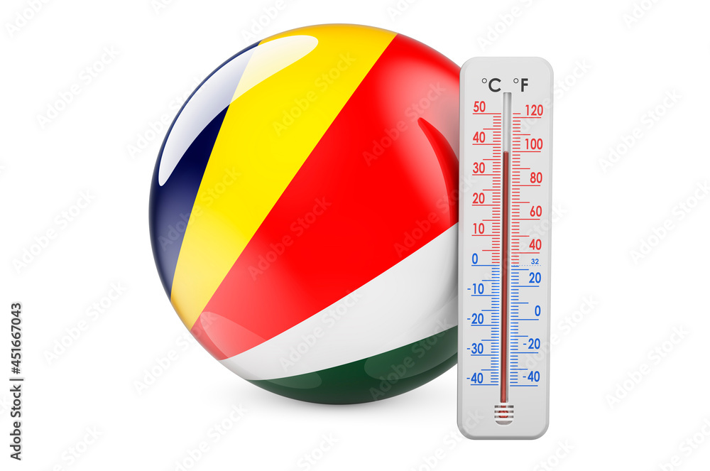 Poster seychelloise flag with thermometer. 3d rendering