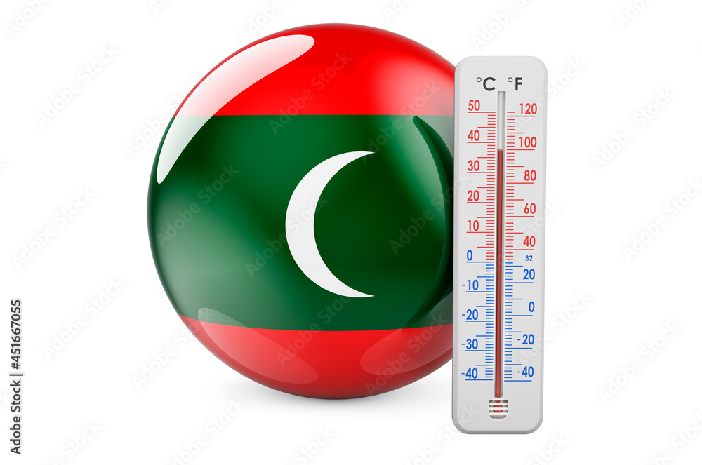 Poster maldivian flag with thermometer. 3d rendering