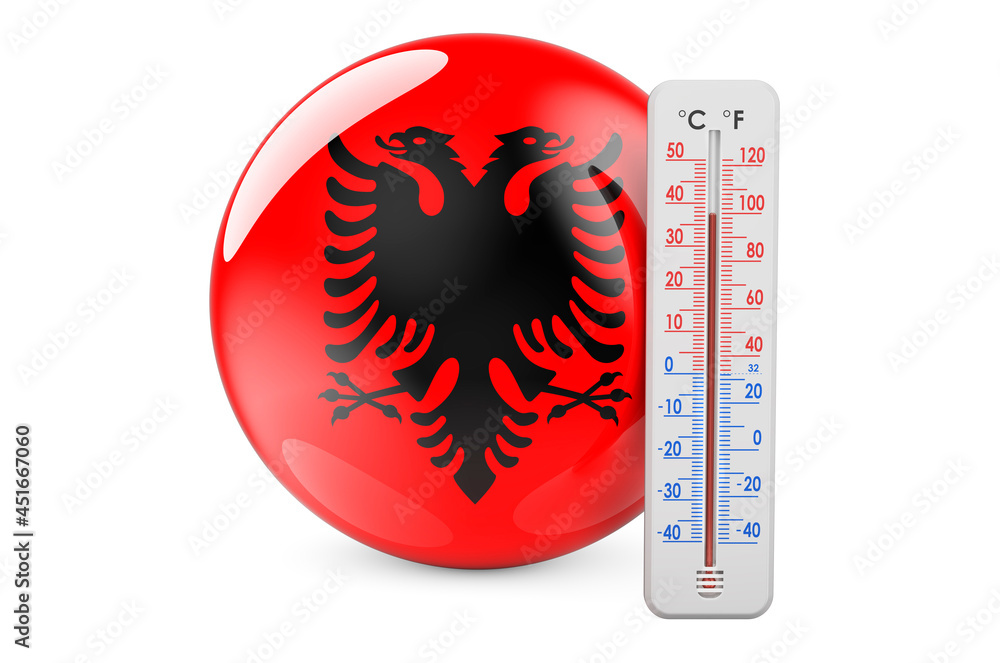 Poster albanian flag with thermometer. 3d rendering