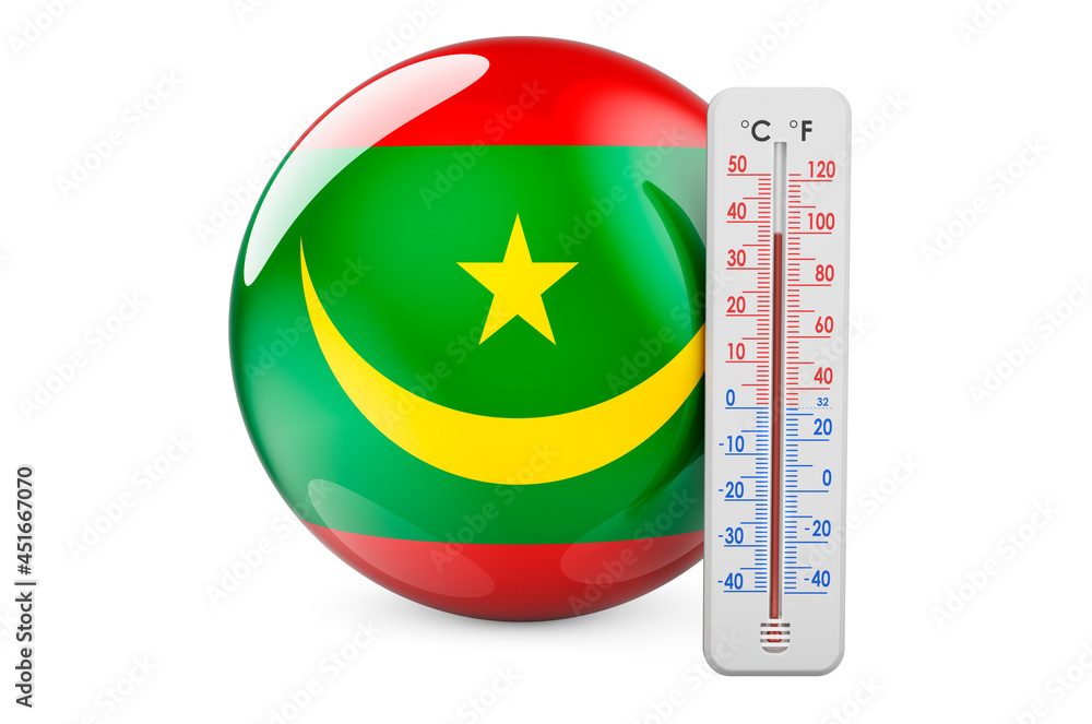 Poster mauritanian flag with thermometer. 3d rendering
