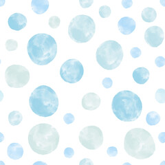 Blue dots watercolor textured on white background. Cute delicate aquarelle seamless pattern backdrop. Abstract round shapes circles.
