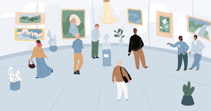 Vector cartoon flat characters-visitors and staff at art gallery.Different people watching examining pictures and artworks in artistic museum hall at exhibition,online web banner,invitation concept