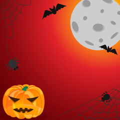 Happy Halloween banner with cute pumpkin, ghost and bat. invitation card to celebrate party in halloween night. background