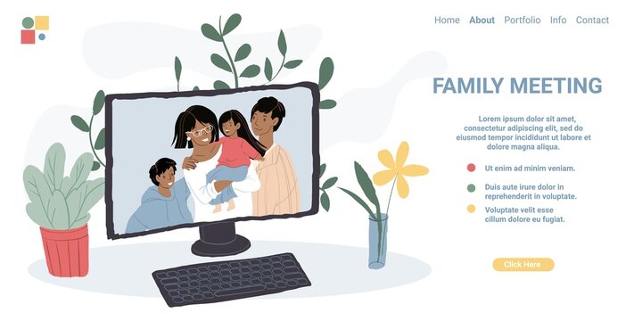Vector flat cartoon family characters on monitor screen.Happy people-smiling parents,children in online video messenger conference communication.Healthy family relationships-landing page concept