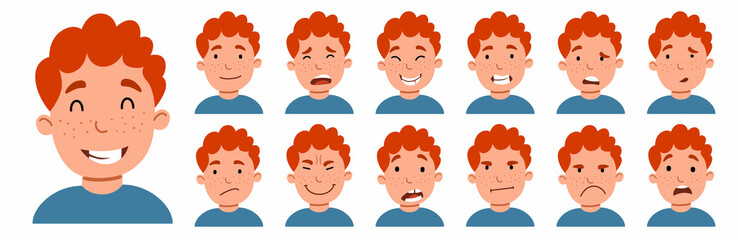 Obraz premium A set of male emotions. The expression on his face. The red-haired guy is an Avatar . Vector illustration of a flat drawing on a white isolated background.