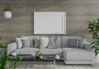 3D Mockup photo frame in Modern interior of living room