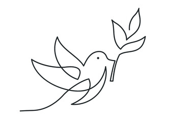 Continuous line drawing of bird carrying a branch. Bird flying with olive branch. Vector illustration