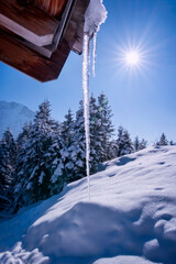Gefrorener Eiszapfen auf dem Dach einer Berghütte in Contre-jour im Gegenlicht einer verschneiten Winteralm im Wettersteingebirge an einem sonnigen Tag - Postkartenmotiv 