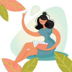 The student girl is sitting at home, reading a book, important thoughts come to mind. The concept of reading a book, education. Happy Book Day. Vector for web, applications, prints with autumn mood.