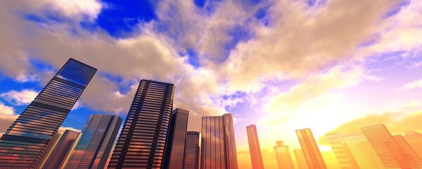 Fototapeta na wymiar Sunrise over the city, sunset over skyscrapers, 3D rendering