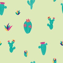 Seamless pattern of cacti in cute style in bright colors. Perfect for kids apparel, fabric, textile, nursery decoration, wrapping paper. Vector illustration