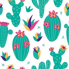 Seamless pattern of cacti in cute style in bright colors. Perfect for kids apparel, fabric, textile, nursery decoration, wrapping paper. Vector illustration