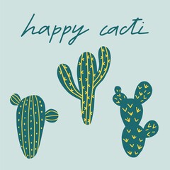 Set of cacti in cute style with lettering. Perfect for typography poster, card, label, brochure, flyer, page, banner design. Vector illustration