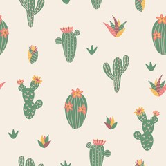 Seamless pattern of cacti in cute style in pastel colors. Perfect for kids apparel, fabric, textile, nursery decoration, wrapping paper. Vector illustration