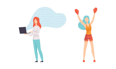 Strong Woman with Laptop Working and Wearing Boxing Gloves Vector Set