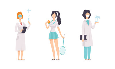 Strong Woman Doing Medical Research and Winning Tennis Tournament Vector Set